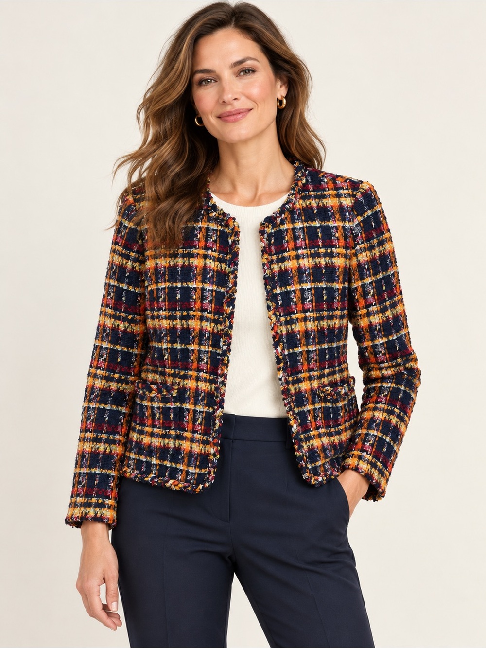 Talbots Classic Sunflower Plaid Tweed Collarless Blazer Jacket 14P